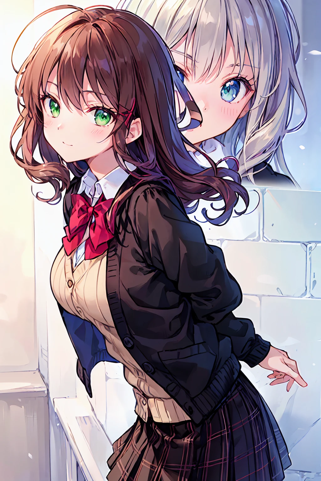 ((Tabletop, Highest quality, High resolution, Hmph, Pixel perfect, Written boundary depth, 4K, Hmph, Hmph))), 1 Girl, single, alone, Beautiful Anime Girls, Beautiful art style, Anime characters, ((Long Hair, bangs, Dark brown hair, Curly Hair:0.8)), ((Green Eyes:1.4, Beautiful Eyes, Beautiful Eyes, Perfect Eyes,Curled eyelashes, Realistic eyes)), ((Detailed face, blush:1.2)), ((Smooth texture:0.75, Realistic texture:0.5, Anime CG Style)), Medium chest, Dynamic Angle, Big Breasts, Perfect body, Dynamic pose, ((Red bow tie, , Black jacket, Open jacket, Brown cardigan, White shirt, Black Skirt, Checked skirt)), smile, Open your mouth, Put your arms behind your back, Leaning forward, Amalment Park, ((close, throw, cute, Shoot in the face))