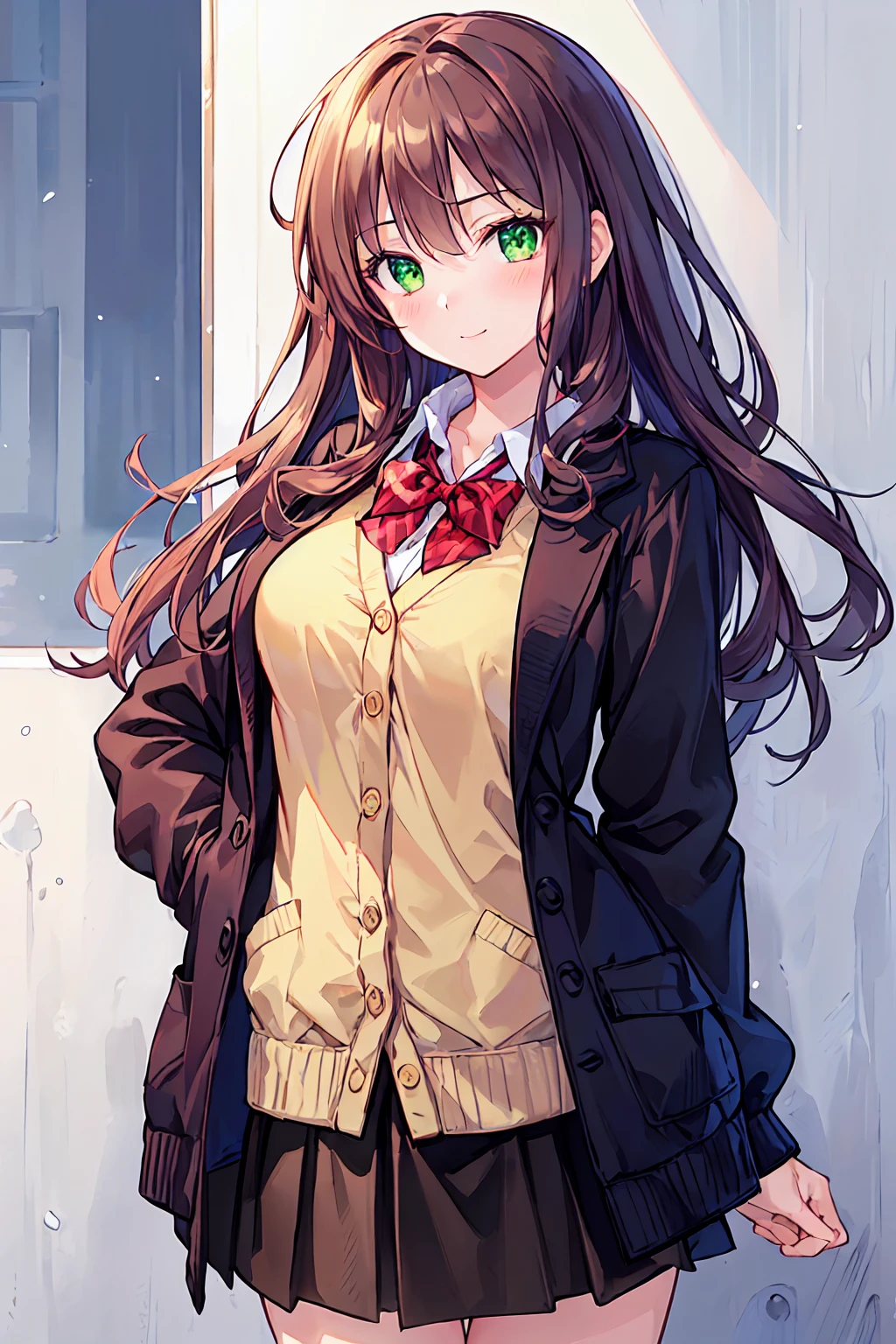 ((Tabletop, Highest quality, High resolution, Hmph, Pixel perfect, Written boundary depth, 4K, Hmph, Hmph))), 1 Girl, single, alone, Beautiful Anime Girls, Beautiful art style, Anime characters, ((Long Hair, bangs, Dark brown hair, Curly Hair:0.8)), ((Green Eyes:1.4, Beautiful Eyes, Beautiful Eyes, Perfect Eyes,Curled eyelashes, Realistic eyes)), ((Detailed face, blush:1.2)), ((Smooth texture:0.75, Realistic texture:0.5, Anime CG Style)), Medium chest, Dynamic Angle, Big Breasts, Perfect body, Dynamic pose, ((Red bow tie, , Black jacket, Open jacket, Brown cardigan, White shirt, Black Skirt, Checked skirt)), smile, Open your mouth, Put your arms behind your back, Leaning forward, Amalment Park, ((close, throw, cute, Shoot in the face))
