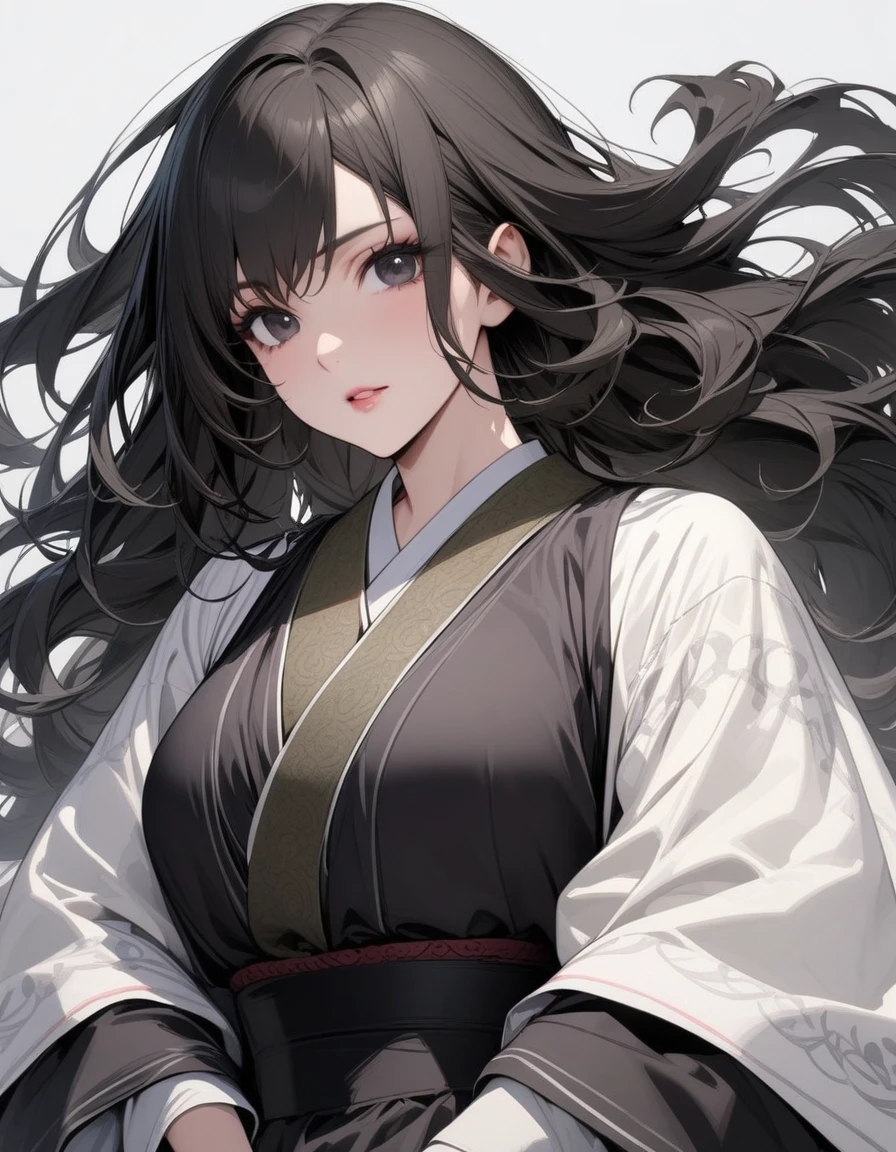 Mature big sister,Black long hair,Black chest binding,Vest line,Hanfu,Beautiful black eyes,Extremely detailed,high resolution,Simple background