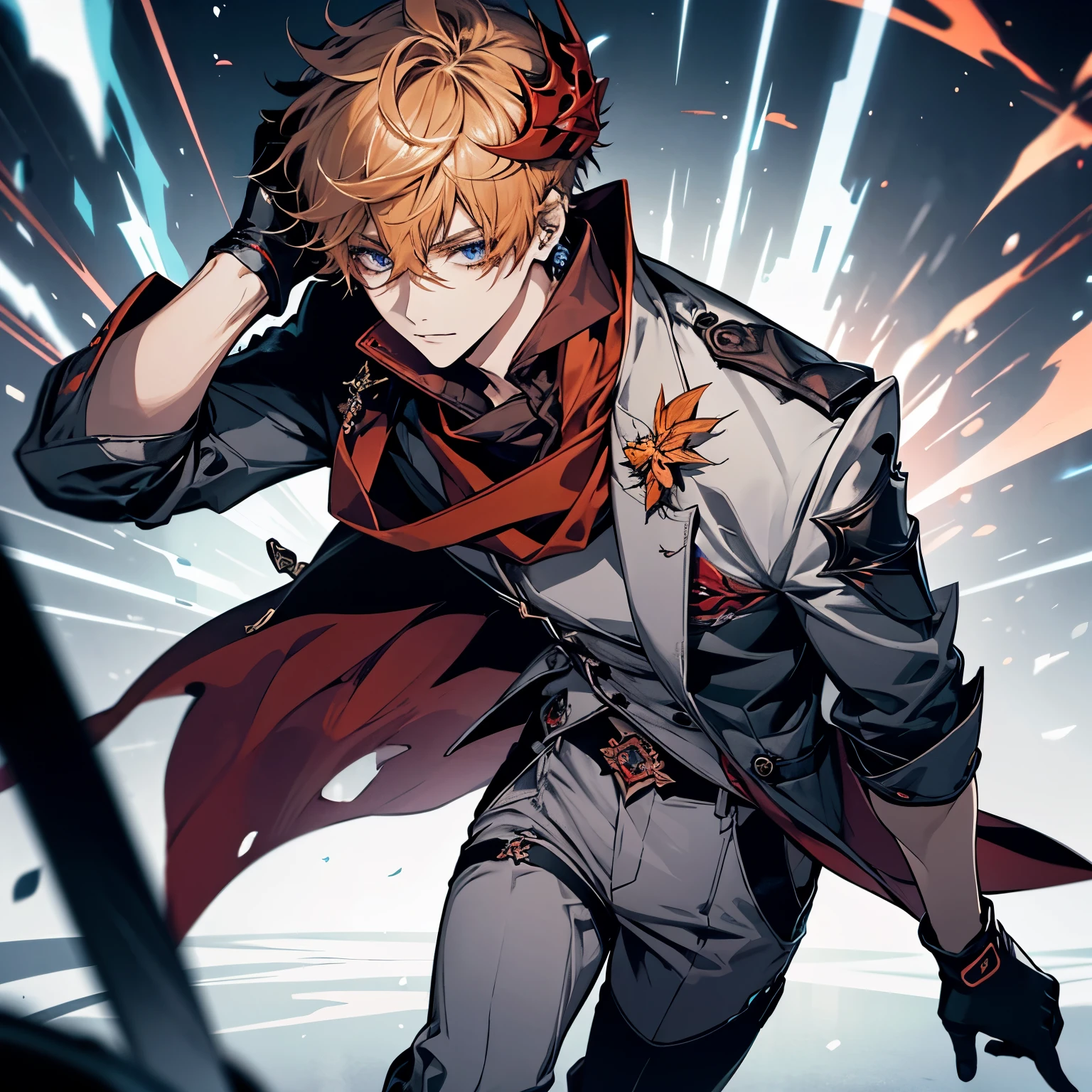 childe, solo, short hair, blue eyes, shirt, gloves, 1boy, hair between eyes, jewelry, jacket, male focus, earrings, black gloves, pants, orange hair, mask, single earring, red scarf, grey jacket, vision (genshin impact), mask on head, half gloves, grey pants, red mask