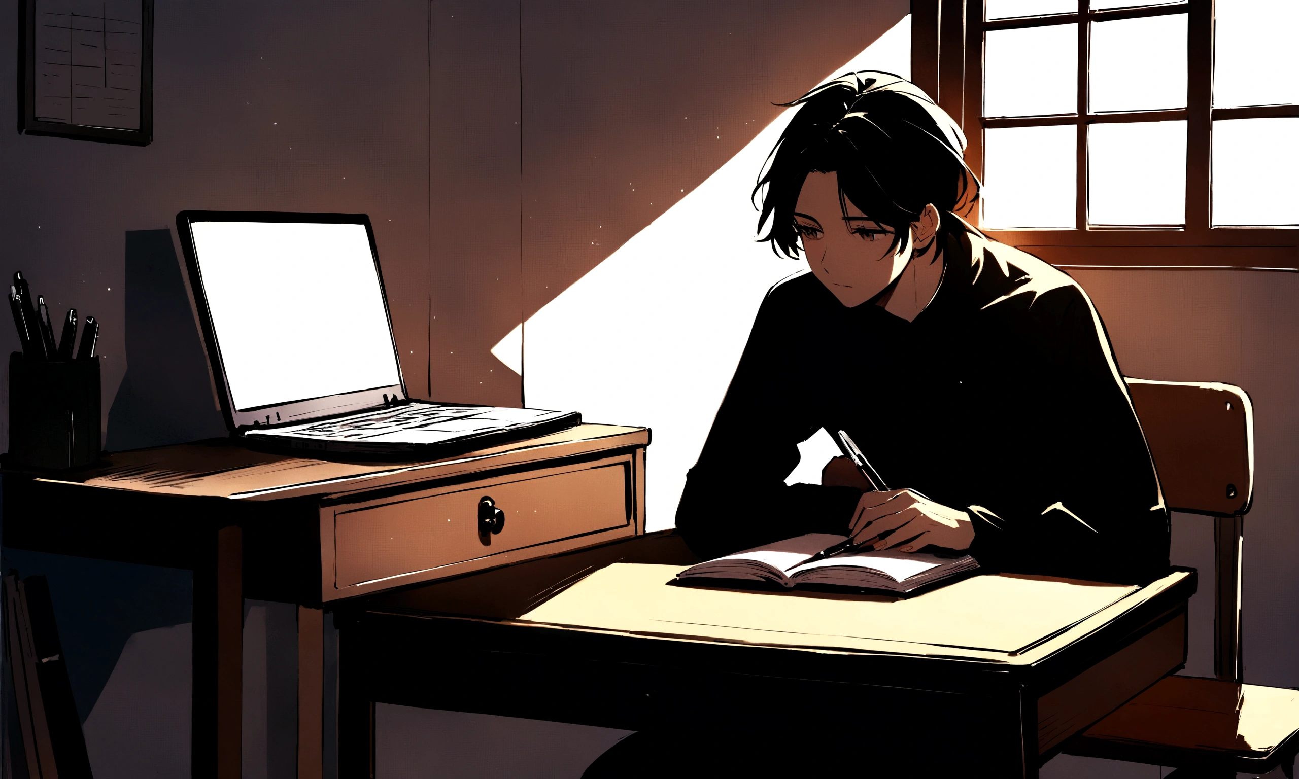 The protagonist sits in a cozy, minimalistic room with natural light streaming through the window. A desk holds a closed laptop, a journal, and a pen. The protagonist looks contemplative, gazing out the window.