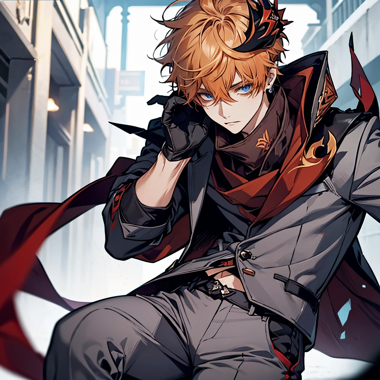 childe, solo, short hair, blue eyes, shirt, gloves, 1boy, hair between eyes, jewelry, jacket, male focus, earrings, black gloves, pants, orange hair, mask, single earring, red scarf, grey jacket, vision (genshin impact), mask on head, half gloves, grey pants, red mask