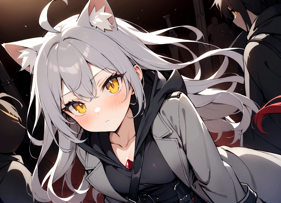 灰色のCat ear、グレーのCat ear、Gun on shoulder、(masterpiece, best quality:1.2), 1girl, 独奏,Black military uniform、Looking through the scope、Point your gun at us、Grey long hair、Ahoge、Yellow Eyes、Ready your gun?、sniper rifle、Background of military bases、Fisheye Lens、battlefield、Shadows of light and darkness、Expressionless、battle、A black hoodie over a grey trench coat、Cat ear、Wearing a black hoodie、Surrounded by enemies