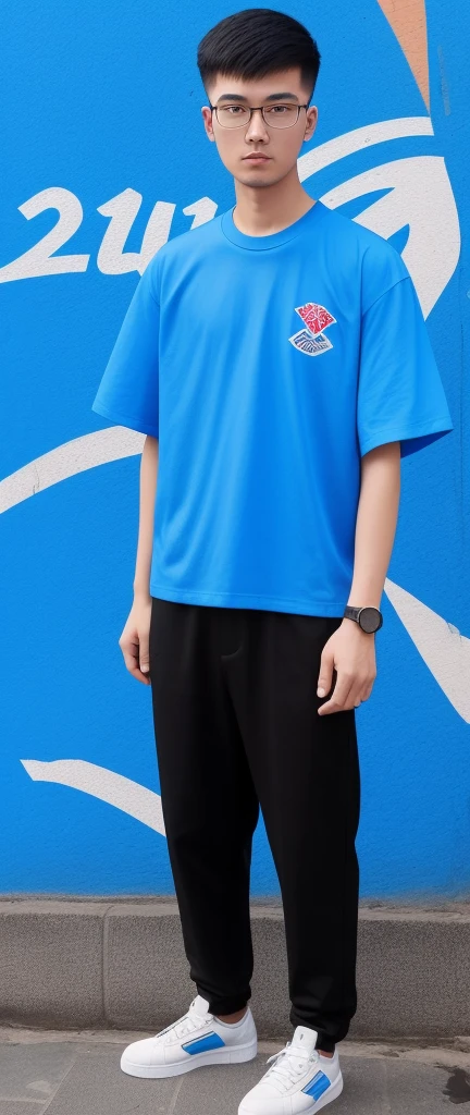 21 year old Beijing boy, he is wearing a oversize blue t shirt XXL, he is wearing black trousers, he is wearing black sneakers, he is wearing glasses, he is Master of Ceremony in front of a DJ set , NIGHTCLUB, full body, he is buzz cut Hair, foot