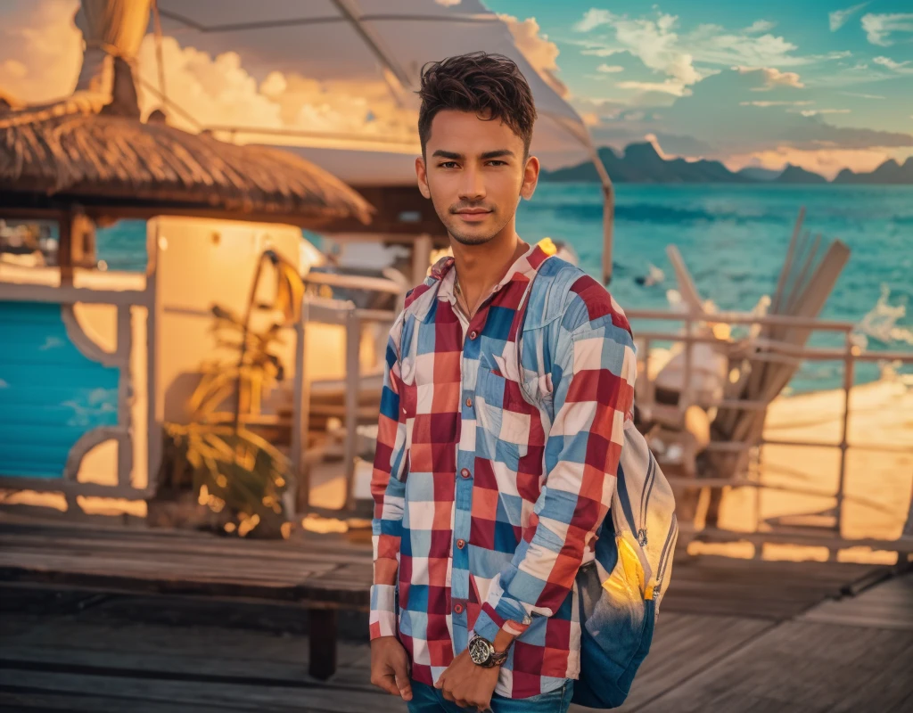 a man short hair, RAW, UHD, 8K, looking at camera, on a yacht at sea, vacation photo, island paradise, colorful Hawaiian button up shirt, candid, amateur, natural lighting, perfect day, [smiling]