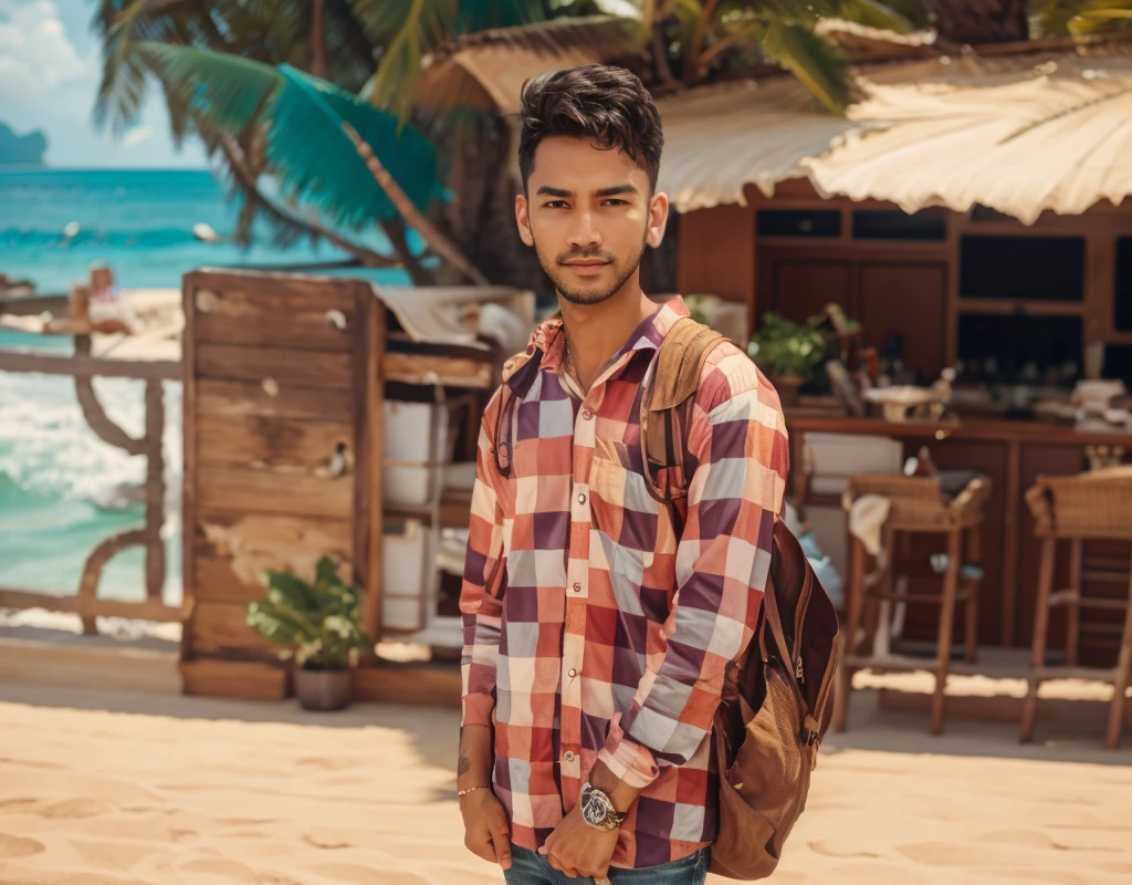 a man short hair, RAW, UHD, 8K, looking at camera, on a yacht at sea, vacation photo, island paradise, colorful Hawaiian button up shirt, candid, amateur, natural lighting, perfect day, [smiling]