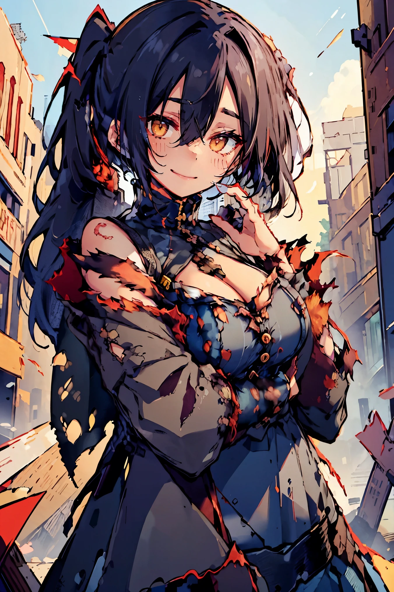 (masterpiece:1.2), (high quality:1.2), (hui xiyi:0.7), rekkyo sensen, rekkyou sensen, girls with((black hair, (tits cleavage:1.15), (breasts close up:1.15), (suspenders:1.2), (dress:0.65), (blue clothes, (belts:0.7), (frills shirt, combination of camisole and white knit sweater:1.2), exposed breasts, straps, (cross:1.05), upper body, (long wavy hair, one side up:1.2), long sleeves, (torn dress:1.5), (tattered dress:1.55), (waving is hands, hands up, perfect hands, five fingers:1.05))), background with((fantasy world, ruin, castle, beautiful sky, shining sky, sunshine))
