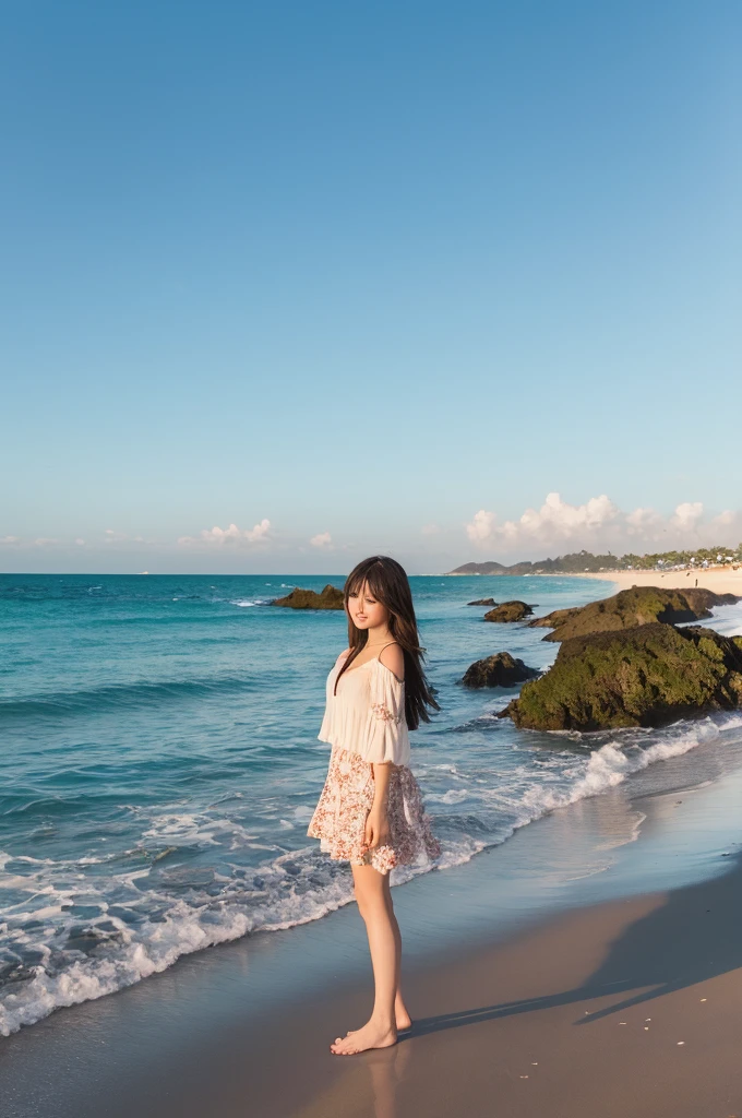 A girl standing on a wide beach