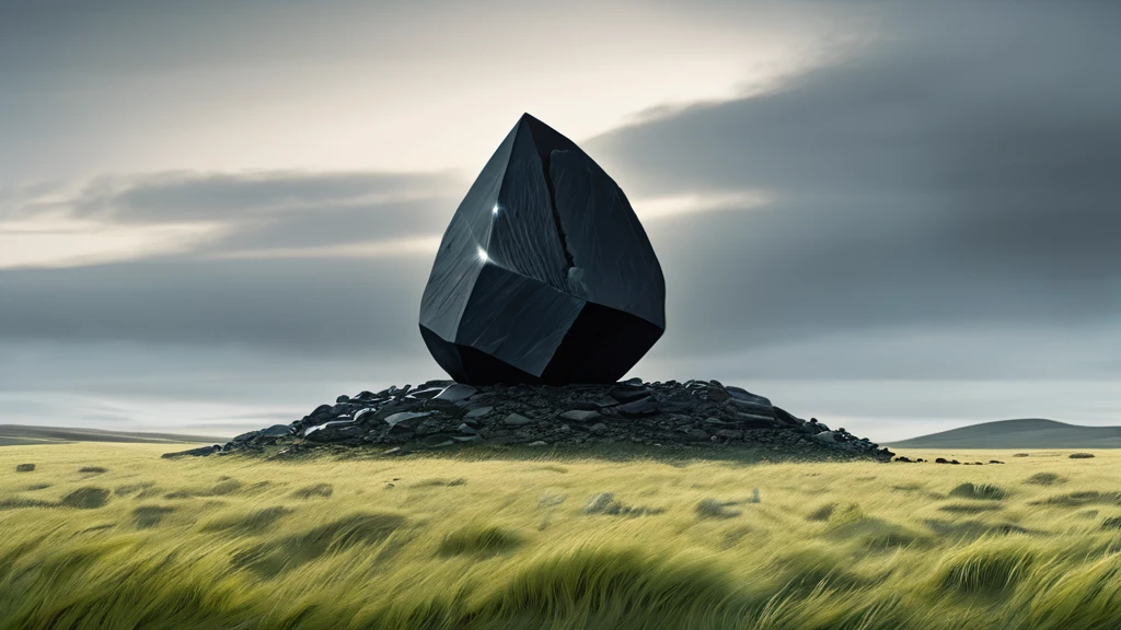 In the midst of a vast, windswept grass field lies a solitary black stone pendant. Its surface, round, smooth and polished, reflects the shifting hues a deep midnight black