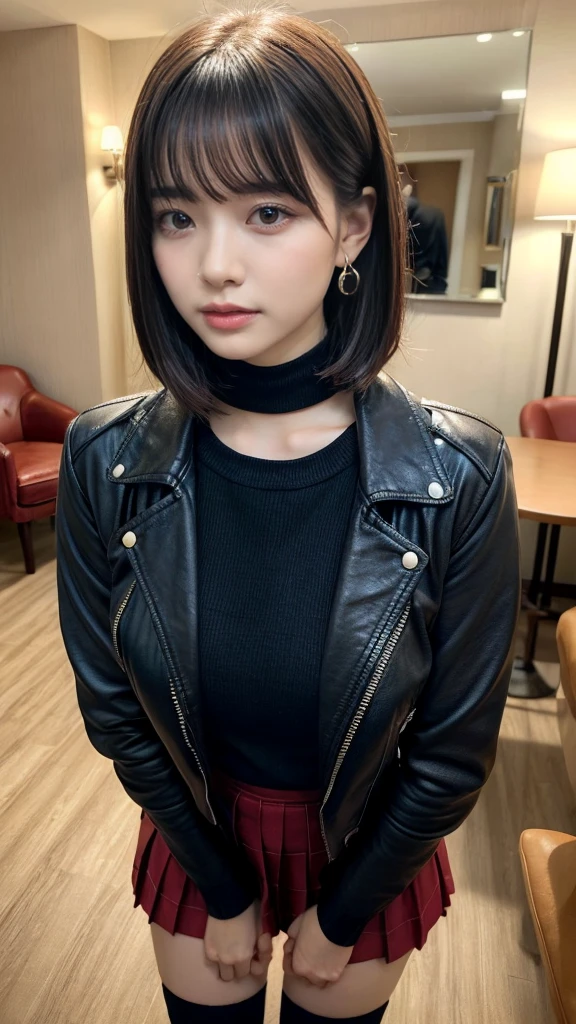 masterpiece, best quality, illustration, Super detailed, fine details, High resolution, 8K,wall paper, perfect dynamic composition, front view, upper body, Upper body only, slatternly posture, She is staring at us with teary eyes., 18 year old girl, Gravure Idol, cute type, (Details High quality, realistic depiction of eyes:1.3), revealing clothes, short bob hair, bangs, black hair color, Dark makeup, Big Natural Color Lip, perfect body shape, plump figure, beautiful clavicle, Black leather jacket, Knit sweater that goes all the way down to the neck, pleated skirt, black choker, earrings, hotel room, drinking party, Drunk and disorderly.