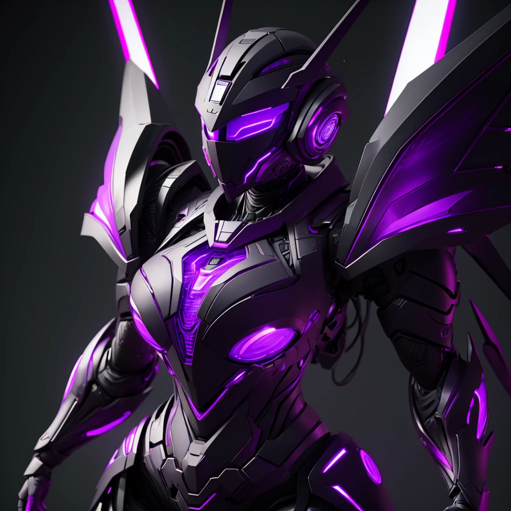 (masterpiece), (best quality), (high res) Solo, (perfect anatomy) Dronificated unknown woman , (enclosed gray full body armor), (purple lights), (purple circular glowing core in the chest), (enclosed cyber helmet), holographic wings, (purple screen visor), huge breast, narrow waist, wide hips, thick thighs, in a storage, (no face) no face, no hair, no mouth, no eyes, in a factory