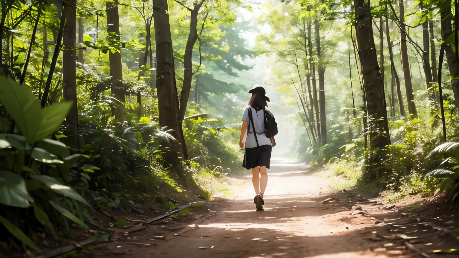 Woman walking along a dirt path in the forest summer Birds chirping wood々Rustle