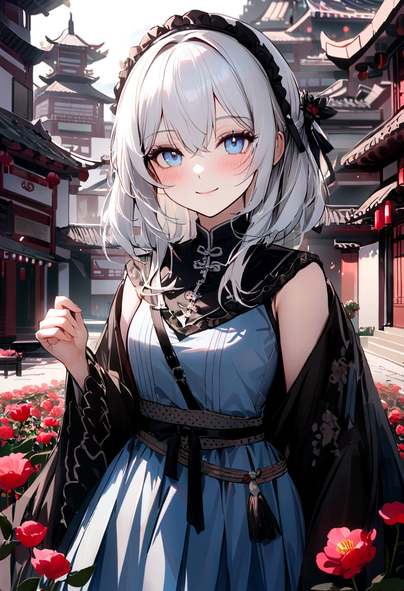 The best quality at its best,masterpiece,Very detailed,Facial details,8K, Detailed Background,One girl,solo,Silver Hair,blue eyes,,Blush Lash,smile,shawl,Chinese cities,Chinese Language Services,night,Moon,Wind景,High places,horizon,Wind,Windが吹いた,flower bed,View your viewers