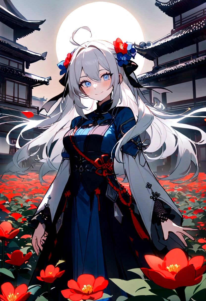 The best quality at its best,masterpiece,Very detailed,Facial details,8K, Detailed Background,One girl,solo,Silver Hair,blue eyes,,Blush Lash,smile,shawl,Chinese cities,Chinese Language Services,night,Moon,Wind景,High places,horizon,Wind,Windが吹いた,flower bed,View your viewers