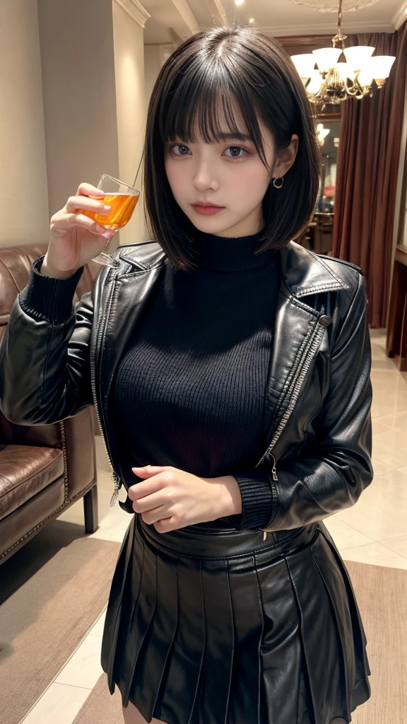 masterpiece, best quality, illustration, Super detailed, fine details, High resolution, 8K,wall paper, perfect dynamic composition, front view, upper body, Upper body only, slatternly posture, She is staring at us with teary eyes., 18 year old girl, Gravure Idol, cute type, (Details High quality, realistic depiction of eyes:1.3), revealing clothes, short bob hair, bangs, black hair color, Dark makeup, Big Natural Color Lip, perfect body shape, plump figure, beautiful clavicle, Black leather jacket, Knit sweater that goes all the way down to the neck, pleated skirt, black choker, earrings, hotel room, drinking party, Drunk and disorderly.