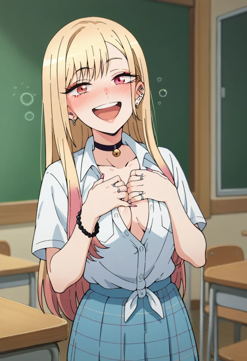 score_9, score_8_up, score_7_up, source_anime, KitagawaMarin, 1girl, ((very drunk)), ((staggers)), smile, upper teeth only, multicolored hair, long hair, magenta eyes, ear piercing, earrings, pink nails, makeup, MarinSchool, bead bracelet, black choker, neck bell, ring, collared shirt, ((white shirt unbuttoned)), short sleeves, blue necktie, plaid skirt, blue skirt, tied shirt, standing, looking at viewer, ((hands on her breasts)), ((shows her tits naked)) indoors, classroom, blurry background