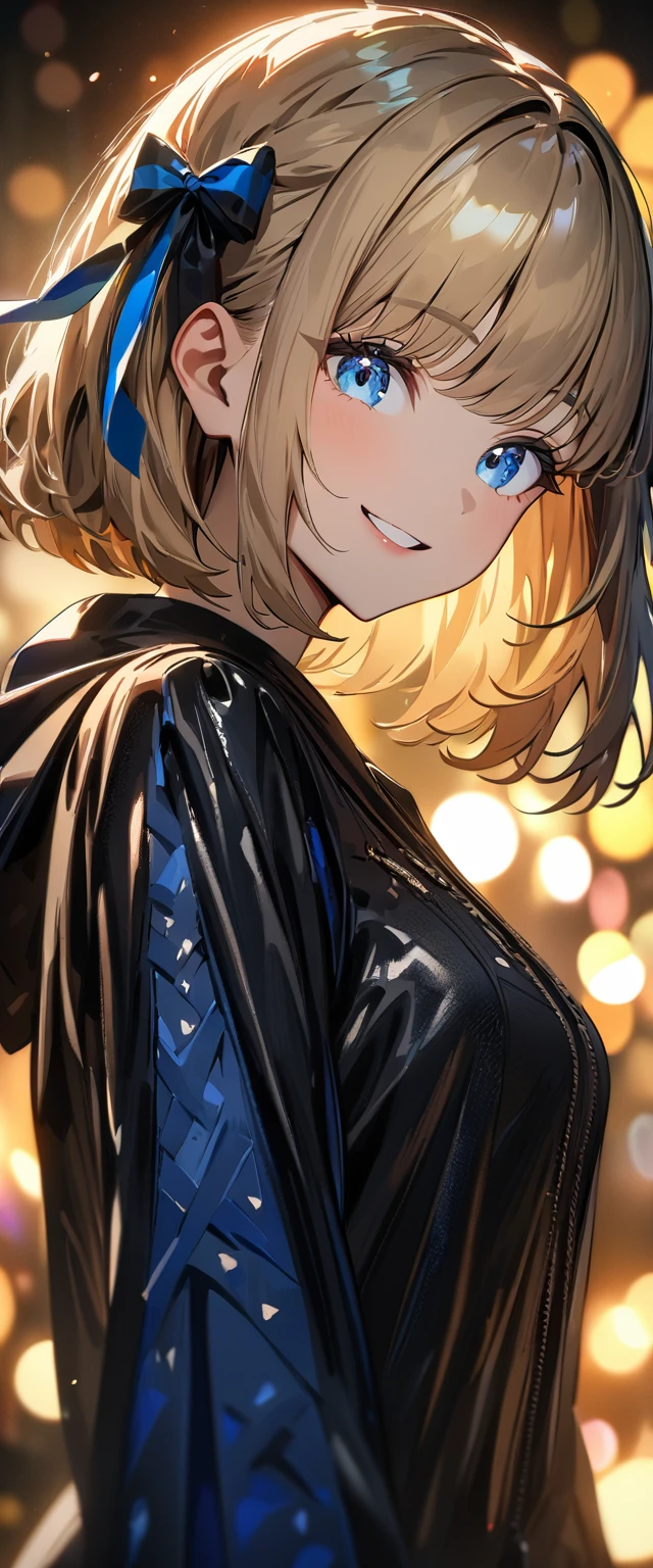 (((One girl))), Shibuya, blond hair, bob cut, (looking at viewer), upper body, breasts, teenager, head tilt:1.3, (((blue eye))), constricted pupils, (from side:1.3), ((happy smile)), gothic lolita:1.3, hair ornament, hair ribbon, anime style, (best quality, 4k, 8k, highres, masterpiece:1.2, ultra-detailed, ultra-detailed eyes, HDR, UHD, studio lighting, ultra-fine painting, sharp focus, physically-based rendering, extreme detail description, professional, vivid colors, bokeh)