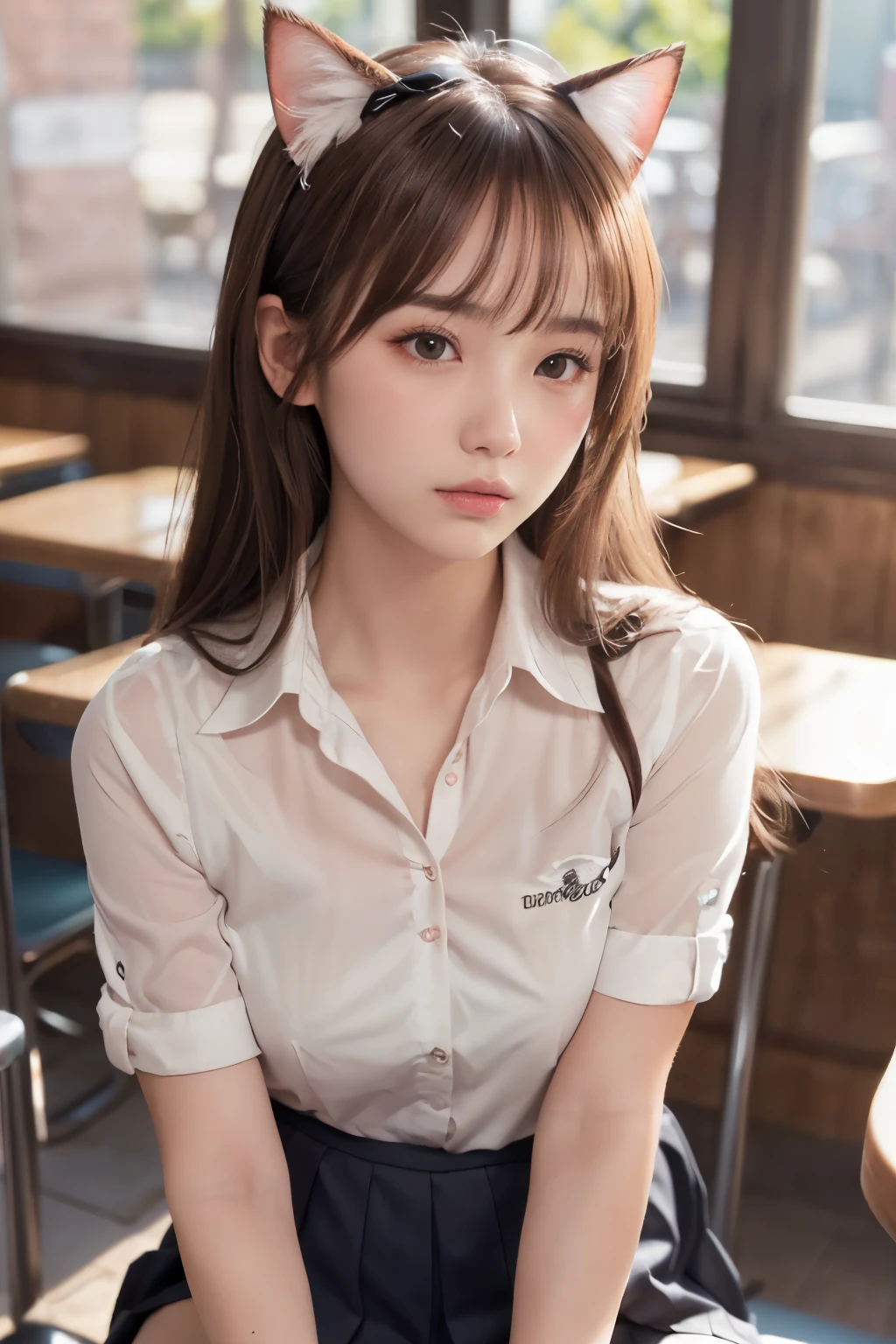 (Cat ears:1.3), (Showing off panties:1.4), (Professional portrait, Realistic and perfectly shaped subjects:1.3), (masterpiece, highest quality:1.2), (Realistic, Ultra-realistic, Realistic:1.3), (ultra High resolution), High resolution, Intricate details, Super detailed, (Highly detailed CG, unity 8k wallpaper:1.3), Clear image,
break
(1 Japanese girl, ), (cute, Slender figure), (Perfect Anatomy, Correct limbs:1.2), (Perfect hands), Perfect Arms, Beautiful and delicate face down to the last detail, Beautiful and delicate eye and eye highlights, (Very thin and delicate、not too long lashes), (Captivating eyes, Beautifully detailed eyes and face), light makeup, Pink Lip, Lip gloss, Stylish face, (Shiny skin, Realistic skin detail), Brown Hair, medium chest
break
((school uniform)), (High school girl), (Black socks), shirt open
break
(cafe:1.3), sitting , (Cowboy Shot), break
(((blush:1.4))), ((Embarrassing:1.4)), (((shy:1.5)))
break
from below
break