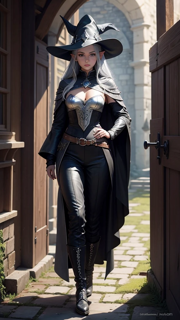 medieval setting, full view of body, 1 female elf mage,beatiful smokey eyes, silver hair, black mage robe with gambeson, wizard hat, black pants, leather boots