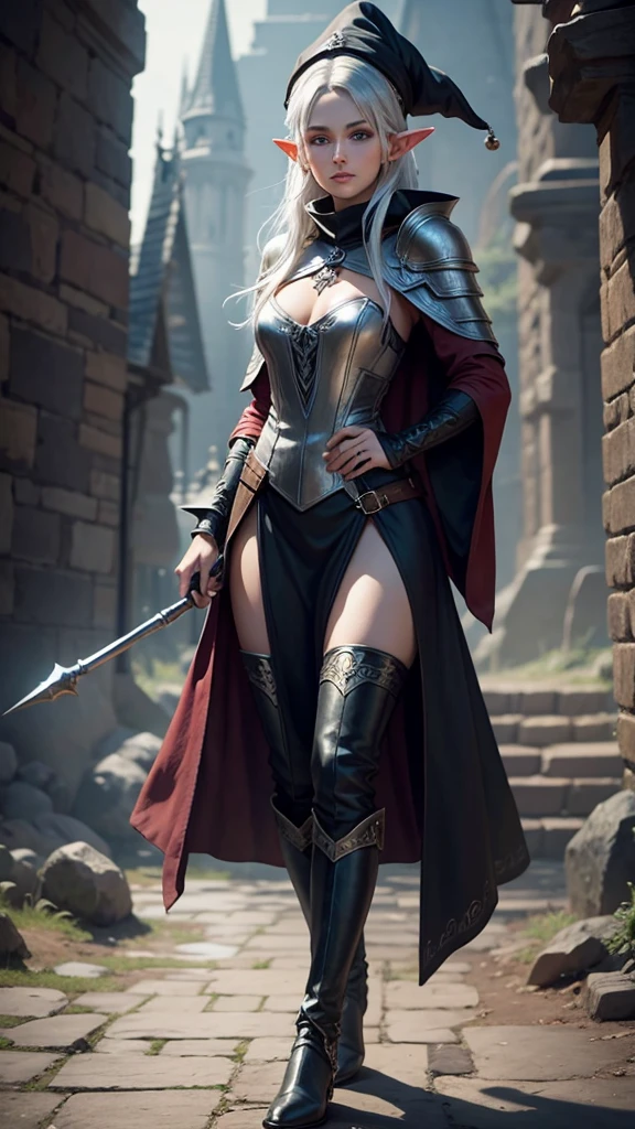 medieval setting, full view of body, 1 female elf mage,beatiful smokey eyes, silver hair, black mage robe with gambeson, wizard hat, black pants, leather boots