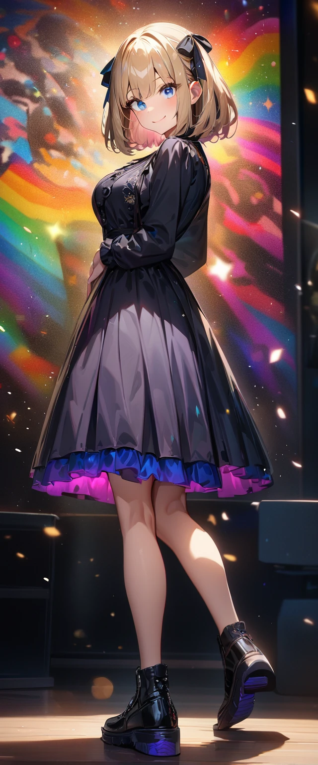 (((One girl))), Shibuya, streat, blond hair, bob cut, (looking at viewer), (((full body))), breasts, teenager, head tilt:1.3, (((blue eye))), constricted pupils, (from side:1.3), ((happy smile)), gothic lolita:1.3, hair ornament, hair ribbon, anime style, (best quality, 4k, 8k, highres, masterpiece:1.2, ultra-detailed, ultra-detailed eyes, HDR, UHD, studio lighting, ultra-fine painting, sharp focus, physically-based rendering, extreme detail description, professional, vivid colors, bokeh)