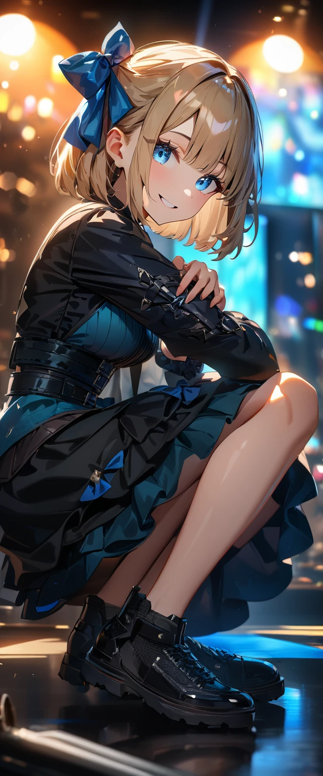 (((One girl))), Shibuya, streat, blond hair, bob cut, (looking at viewer), (((full body))), squatting, breasts, teenager, head tilt:1.3, (((blue eye))), constricted pupils, (from side:1.3), ((happy smile)), (((gothic lolita:1.3))), short dress, bare legs, hair ornament, hair ribbon, anime style, (best quality, 4k, 8k, highres, masterpiece:1.2, ultra-detailed, ultra-detailed eyes, HDR, UHD, studio lighting, ultra-fine painting, sharp focus, physically-based rendering, extreme detail description, professional, vivid colors, bokeh)