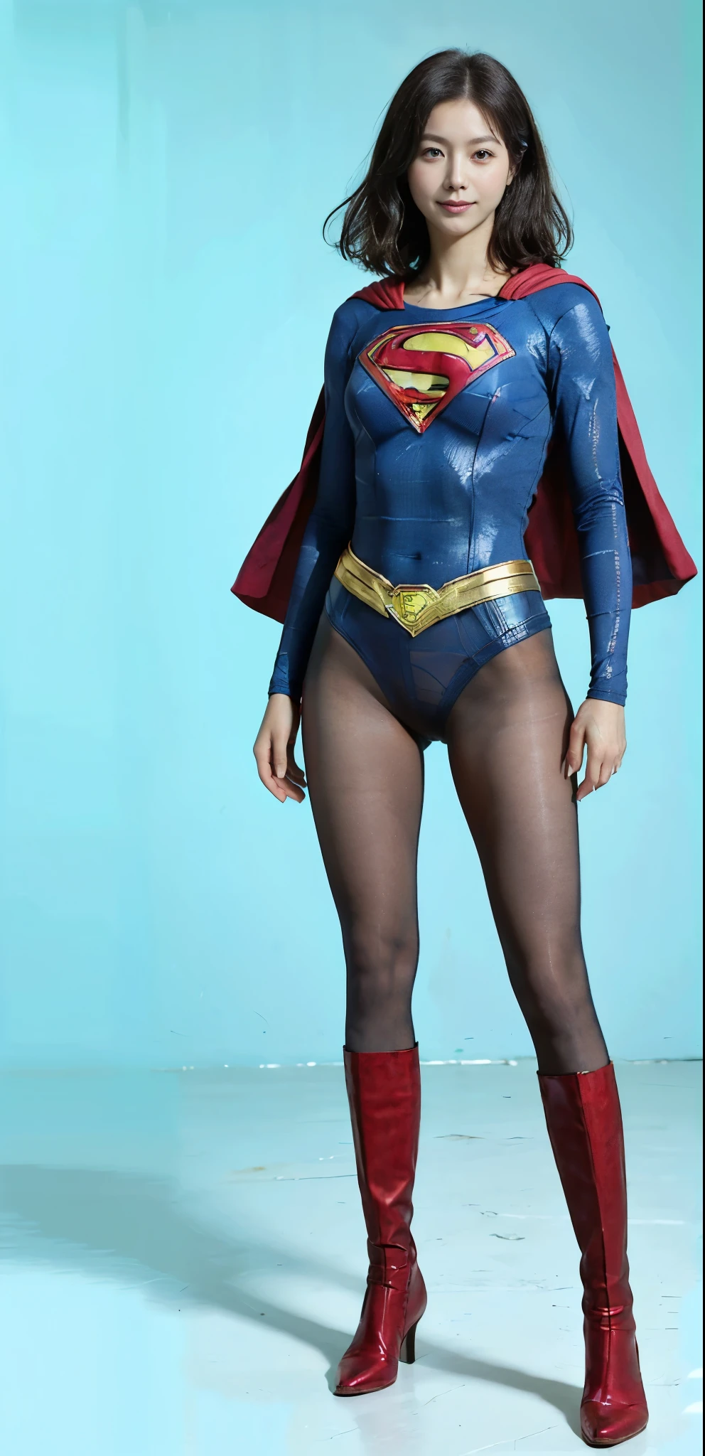 No background、(((Beautiful legs in black tights.)))、(((Legally express the beauty of your smile)))、((((Make the most of your original images)))、(((Supergirl Costume)))、(((Beautiful very short hair)))、(((suffering)))、(((Please wear black tights....、Wear red boots)))、((Best image quality、8K))、((Highest quality、8K、masterpiece:1.3))、(((Preserve background )))、Sharp focus:1.2、Beautiful woman with perfect figure:1.4、Slim Abs:1.2、Wet body:1.5、Highly detailed face and skin texture、8K