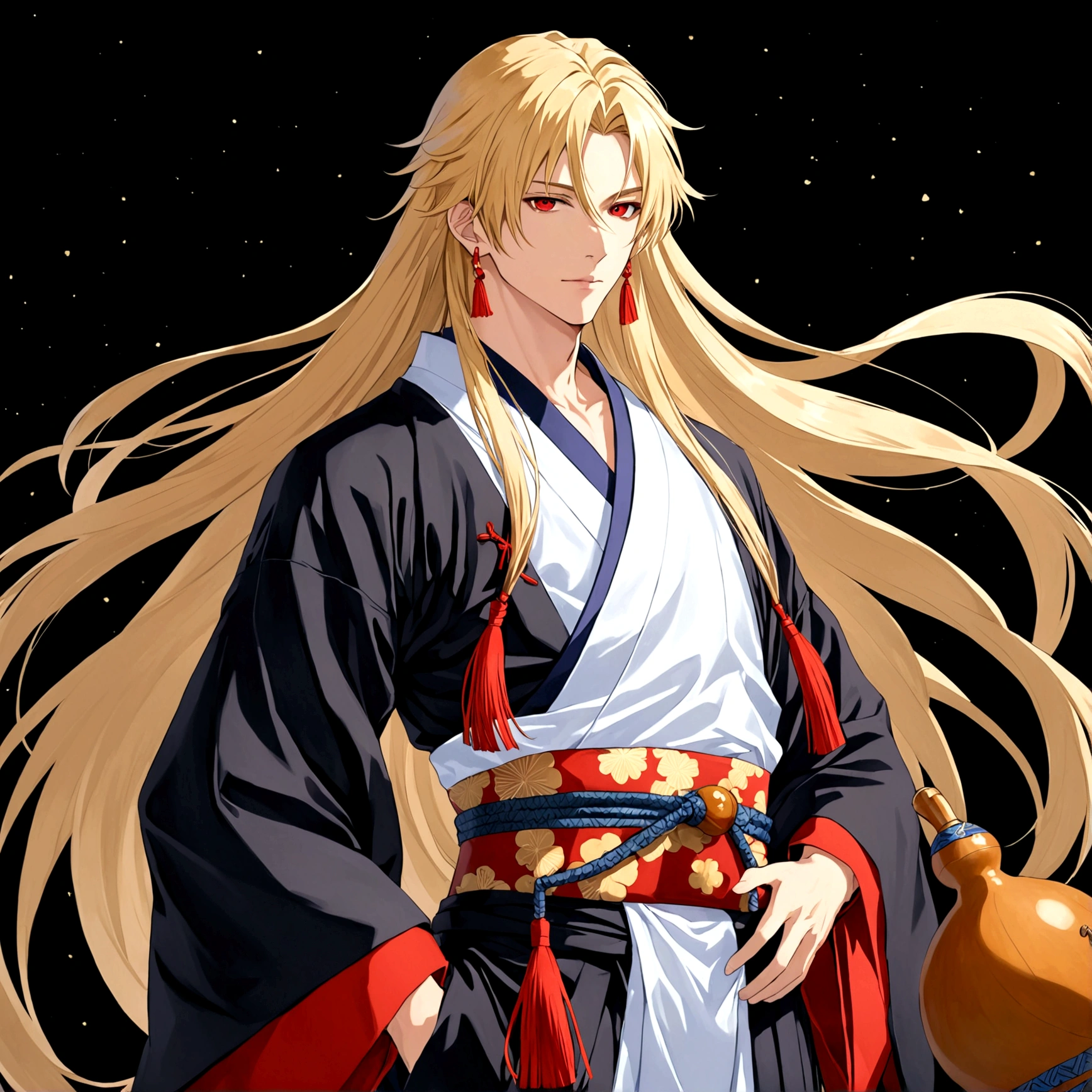 solo, long hair, looking at viewer, blonde hair, simple background, red eyes, long sleeves, 1boy, jewelry, very long hair, male focus, sidelocks, earrings, japanese clothes, wide sleeves, hand on hip, sash, pectorals, black background, tassel, gourd
