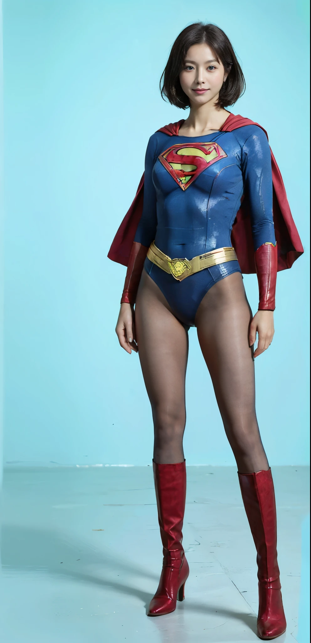 No background、(((Beautiful legs in black tights.)))、(((Legally express the beauty of your smile)))、((((Make the most of your original images)))、(((Supergirl Costume)))、(((Beautiful very short hair)))、(((suffering)))、(((Please wear black tights....、Wear red boots)))、((Best image quality、8K))、((Highest quality、8K、masterpiece:1.3))、(((Preserve background )))、Sharp focus:1.2、Beautiful woman with perfect figure:1.4、Slim Abs:1.2、Wet body:1.5、Highly detailed face and skin texture、8K