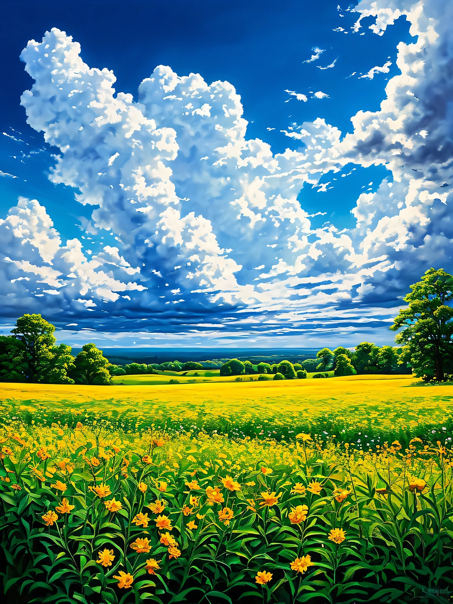 Summer sky (Painterly style), Realistic, highly Realistic, Attention to detail, breathtakingly Realistic, High contrast realism, High Saturation Realism, Vibrant colors, Dramatic lighting, Charming landscape, Persuasive storytelling, Atmospheric scenery, Captivating visuals, Intricate details, Strong emotions, Heavenly beauty, A dreamlike world