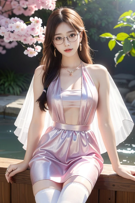 waterfall hot spring background at night,(8K Ultra HD、Digital SLR Camera、Soft Light、high quality、Volumetric Lighting、frank、photo、high resolution、4K、8K、Bokeh),(Rich details on the eyes and face,warm color, Very saturated colors,Show a charming smile, Willow Leaf Eyebrows,Apricot eye prick,Cherry Blossom, mouth close, Balanced Eyes, Oval face,Perfect face, Pretty Face, Skin is transparent and visible, Fine-skinned tender meat,cosmetic, (Glasses),earrings,Bracelet,necklace, Jewelry,veil,Hair accessories),(Create stunning images of real girls, warm light, Dynamic poses, Elegant Posture, Cowboy lens, Full body front view,Looks confident from the front,Body front facing the camera,Standing posture facing the camera,Open your legs slightly,Golden Ratio Graphics,Minimalism ), Southeast Asian women,Waist-length hair,Messy Hairstyle, Gradient hairstyles,Cyberpunk hairstyle,(Transparent clothes:1),Pink clothes,Thin clothes。Transparent mesh clothes,Transparent clothes,Transparent tight top,Transparent louver skirt,(Sexy,Perfect breast shape、very detailed breasts,34E cup),No underwear,(Super high waist,Waist hollow,Levain),Black socks.(Transparent knee socks、吊garter,Leg ring,garter、腿部garter)
