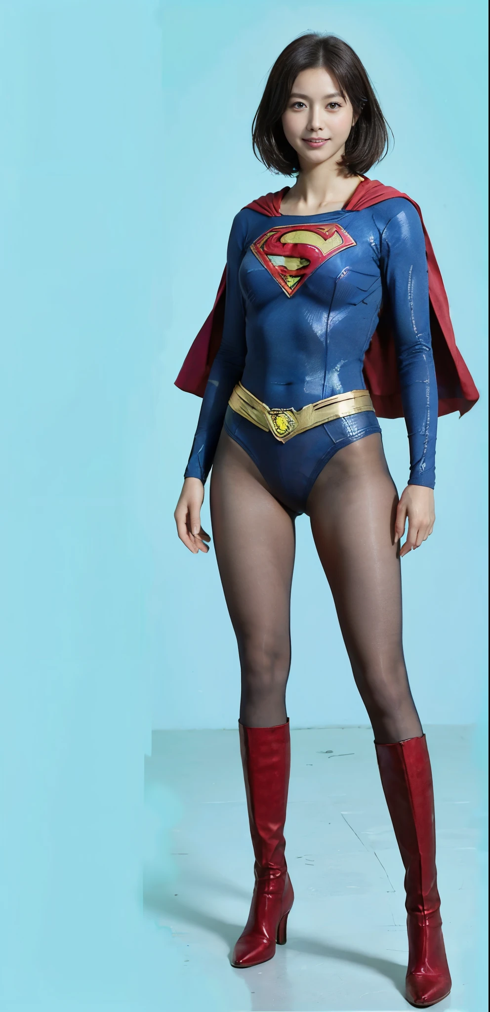 No background、(((Beautiful legs in black tights.)))、(((Legally express the beauty of your smile)))、((((Make the most of your original images)))、(((Supergirl Costume)))、(((Beautiful very short hair)))、(((suffering)))、(((Please wear black tights....、Wear red boots)))、((Best image quality、8K))、((Highest quality、8K、masterpiece:1.3))、(((Preserve background )))、Sharp focus:1.2、Beautiful woman with perfect figure:1.4、Slim Abs:1.2、Wet body:1.5、Highly detailed face and skin texture、8K