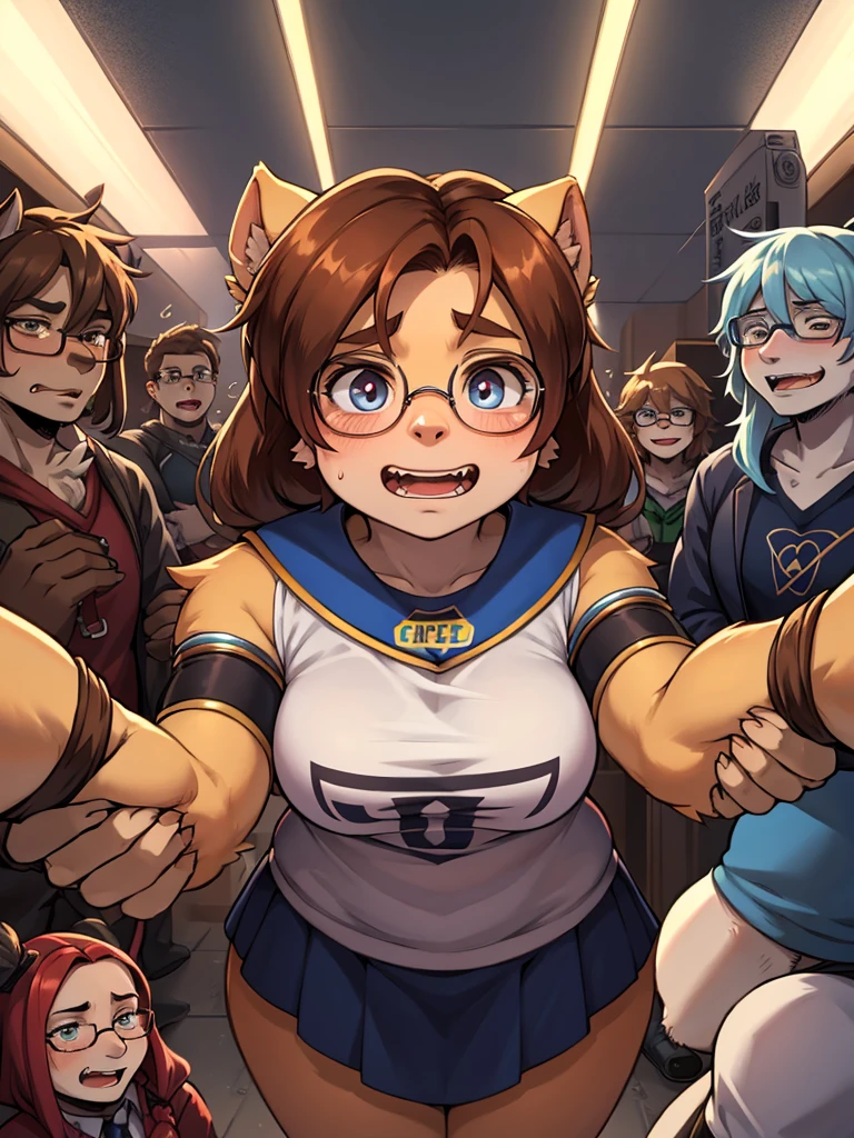 A ugly woman who belongs to a geek club at university and receives special treatment from the men there , (Surrounded by a lot of geek man)