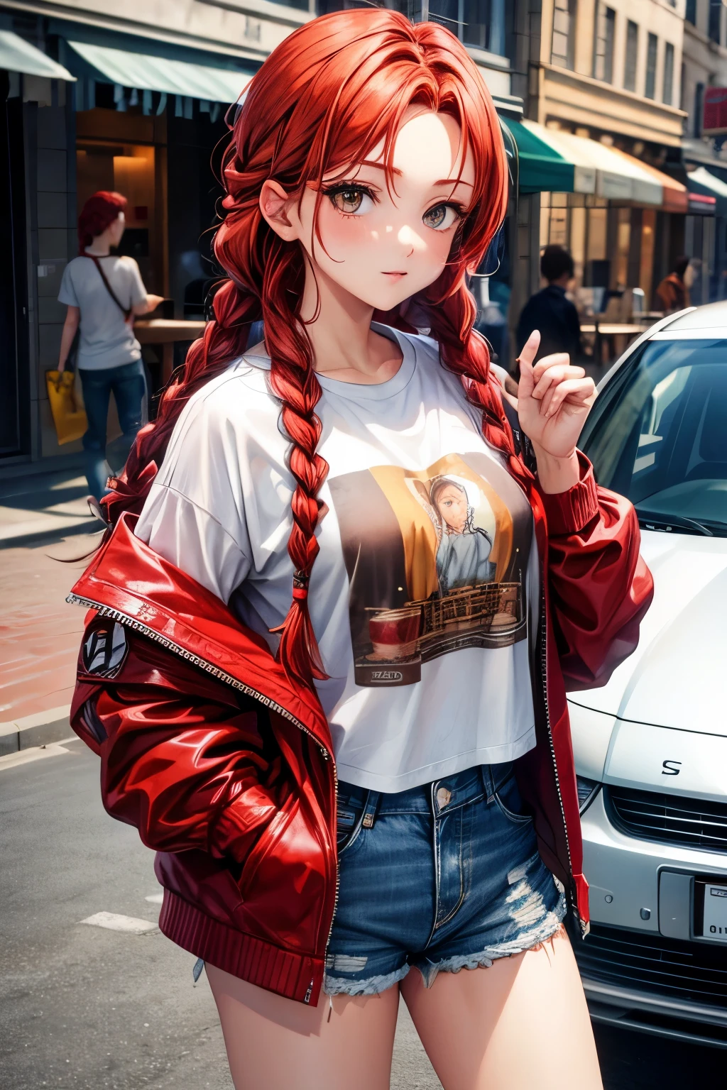 Red hair, braided hairstyle, brown eyes, girl, jacket, T-shirt, denim shorts