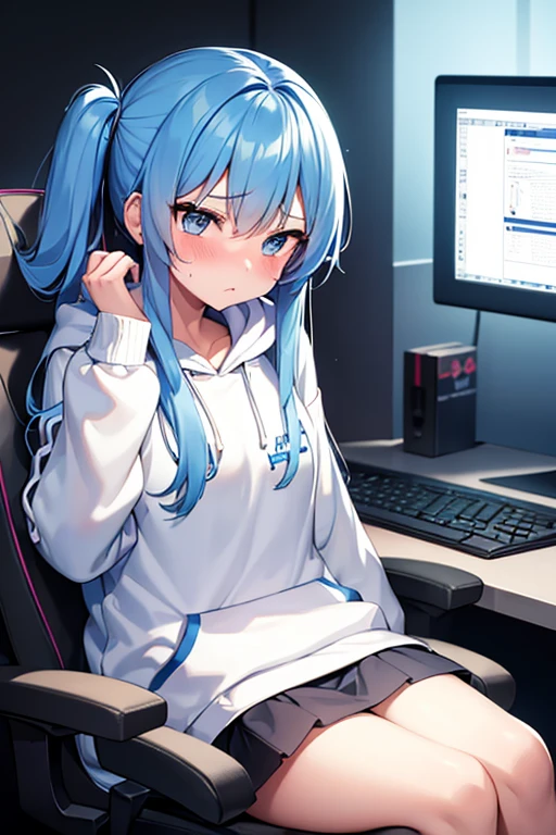 A  girl with a long blue hair and white Hoodie sit at gaming chair, but she blush angry because she Lost at the video games she was playing on her computer