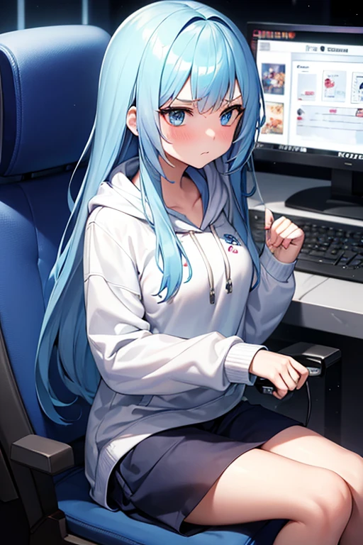 A age girl with a long blue hair and white Hoodie sit at gaming chair, but she blush angry because she Lost at the video games she was playing on her computer