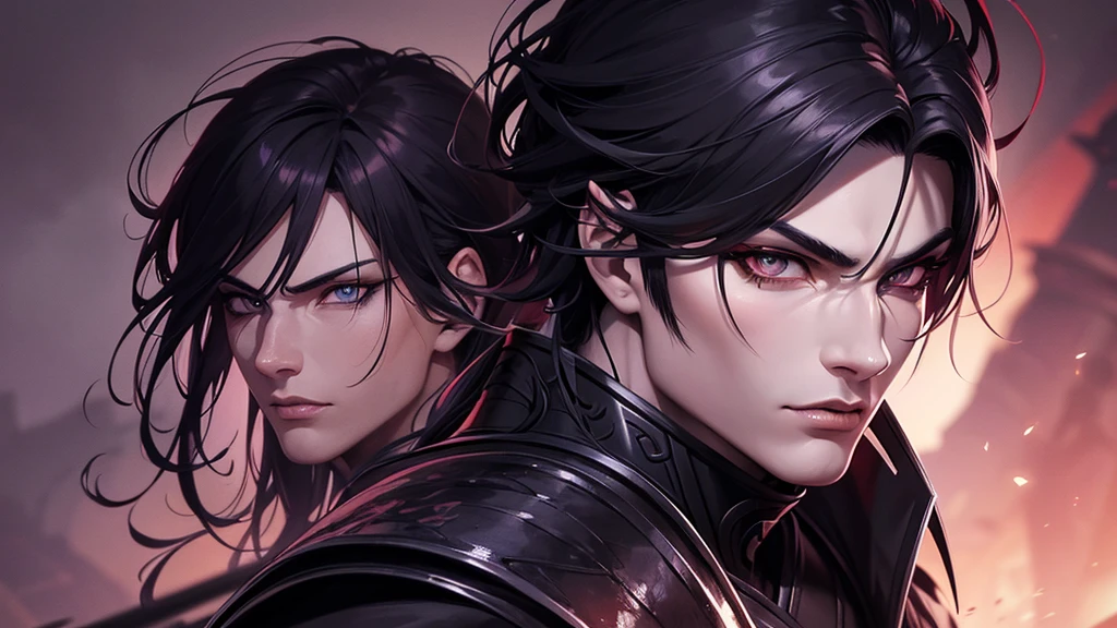 a highly detailed anime-style portrait of a fierce shadow warrior, beautiful detailed eyes, beautiful detailed lips, extremely detailed face and expression, long eyelashes, muscular male body, dynamic pose holding a katana sword, dark shadowy background, moody lighting, vibrant colors, digital art, concept art, cinematic composition, 8k, high resolution, photorealistic, masterpiece