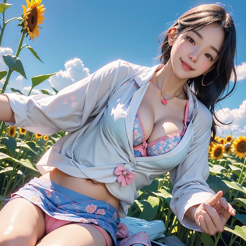 8K、RAW Photos、Highest quality、Super detailed、Super Resolution、Ultra HD、8K壁紙、Amazing details American blazer uniform girl ((White blouse with formal collar, Blue blazer, Blue plaid skirt, Red checkered ribbon on blouse)), Complete limbs, Full Finger,
A large sunflower field in the countryside、Straight road、Walk through the sunflower field,smile、sun、School bag、Heart Necklace
(((Emphasize cleavage)))
(((Full body photo)))
((Blue sky))
((((Pink floral panties and bra are visible))))