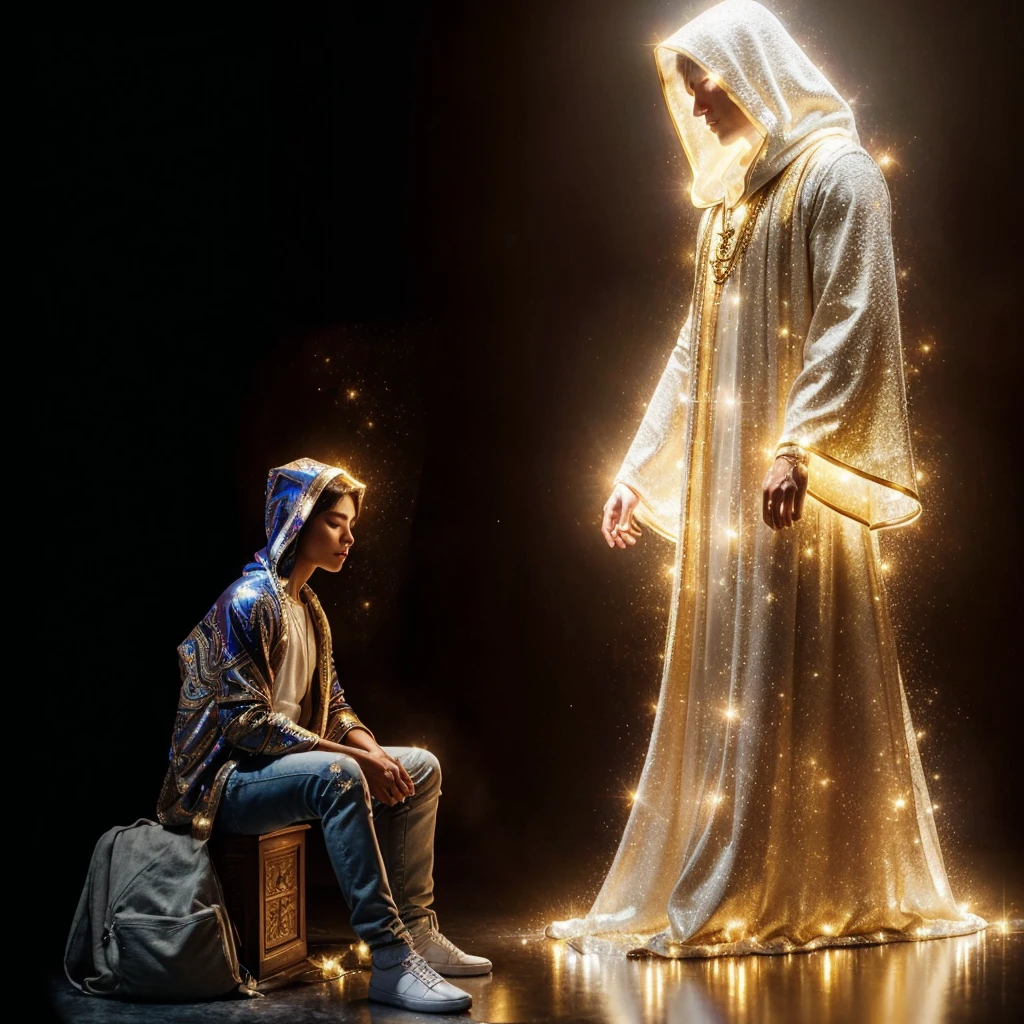 Complete and very real image. A being of light, 3 meters high, stands in profile, radiates a lot of blinding light, dressed in a white hooded tunic with many golden sparkles, has a tender and ceremonial posture, looks down at his protected person who is sitting with eyes closed. black background the image of him is reflected on the floor. Photorealism, full view, highly detailed image, very realistic, hyperrealism, Ultra HD, 8k, 5, sharp focus, intricate and mysterious masterpiece. (Long exposure photography Very detailed close-up portrait artistic illustration: final quality, medium shot, backlight, Rich and striking. Enigmatic and mysterious manipulations (composition of the rule of thirds), ((detailed environment with strong lines) The best quality, in camera, white light, warm and clean aesthetics, dazzling screen composed of millions of brilliant ultraviolet rays, HDR.