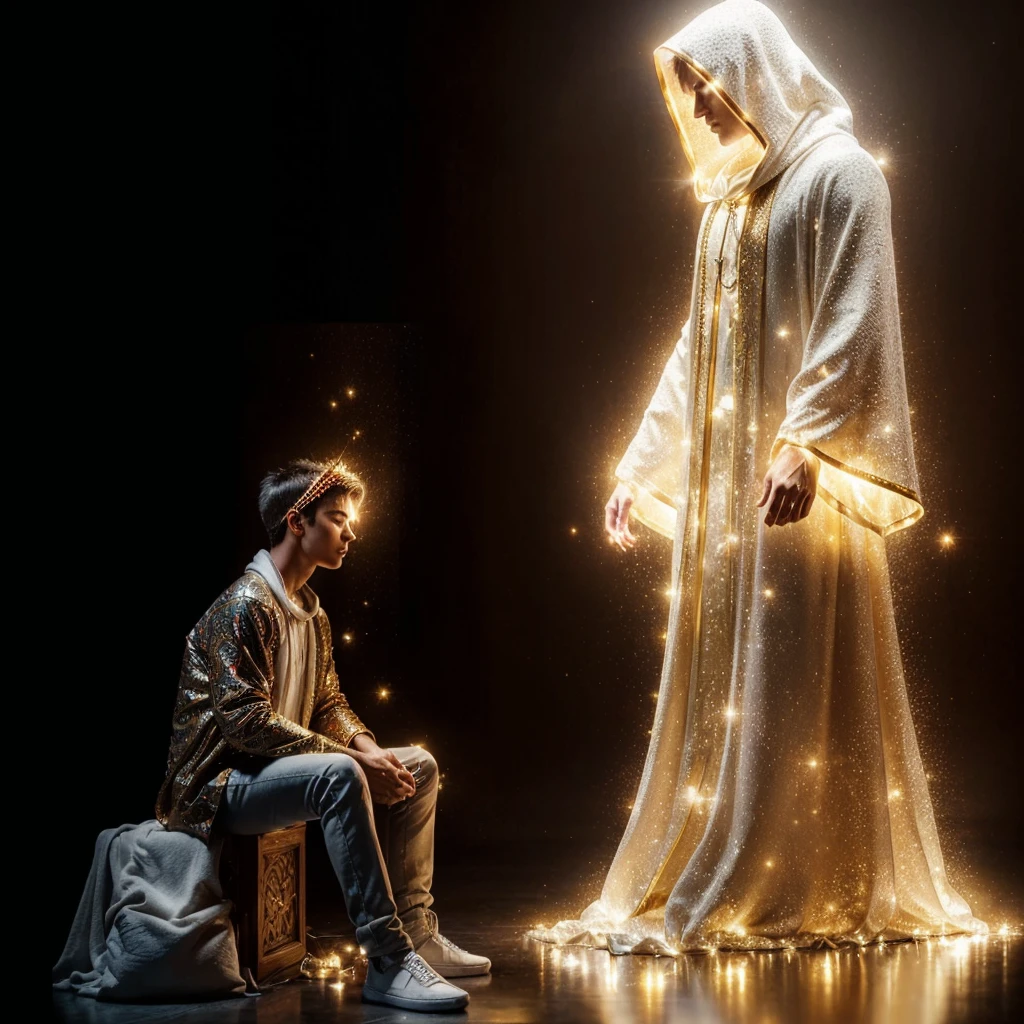 Complete and very real image. A being of light, 3 meters high, stands in profile, radiates a lot of blinding light, dressed in a white hooded tunic with many golden sparkles, has a tender and ceremonial posture, looks down at his protected person who is sitting with eyes closed. black background the image of him is reflected on the floor. Photorealism, full view, highly detailed image, very realistic, hyperrealism, Ultra HD, 8k, 5, sharp focus, intricate and mysterious masterpiece. (Long exposure photography Very detailed close-up portrait artistic illustration: final quality, medium shot, backlight, Rich and striking. Enigmatic and mysterious manipulations (composition of the rule of thirds), ((detailed environment with strong lines) The best quality, in camera, white light, warm and clean aesthetics, dazzling screen composed of millions of brilliant ultraviolet rays, HDR.