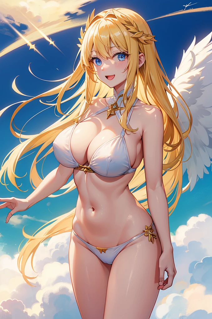 最high quality, high quality, 8K、High resolution,Highest quality、solo、胸に翼のある白いビキニ姿のtallのadult female angel、Very beautiful proportions、belly button、Thighs、tall、Adult woman in a white bikini, Archangel Style、super Wild Angel, A happy open-mouthed smile、Thighs、Naturally Shaped Fingers、Long neck、from the front、Looking at each other, our eyes met、belly button、Blonde hair and blue eyes、Majestic Angel, Anime Goddess, Wild Angel, thick, Beautiful and attractive anime woman, Huge and stunning goddess shots, Angel Adult Woman, adult female angel, She has angel wings on her back,Highly detailed goddess shot