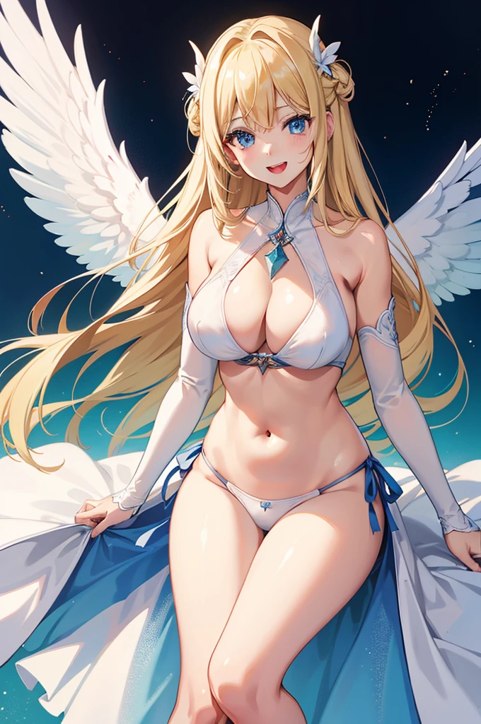 最high quality, high quality, 8K、High resolution,Highest quality、solo、胸に翼のある白いビキニ姿のtallのadult female angel、Very beautiful proportions、belly button、Thighs、tall、Adult woman in a white bikini, Archangel Style、super Wild Angel, A happy open-mouthed smile、Thighs、Naturally Shaped Fingers、Long neck、from the front、Looking at each other, our eyes met、belly button、Blonde hair and blue eyes、Majestic Angel, Anime Goddess, Wild Angel, thick, Beautiful and attractive anime woman, Huge and stunning goddess shots, Angel Adult Woman, adult female angel, She has angel wings on her back,Highly detailed goddess shot