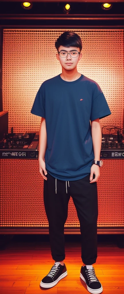 21 year old Beijing boy, he is wearing a oversize blue t shirt XXL, he is wearing black trousers, he is wearing black sneakers, he is wearing glasses, he is Master of Ceremony in front of a DJ set , NIGHTCLUB, full body, he is buzz cut Hair, foot