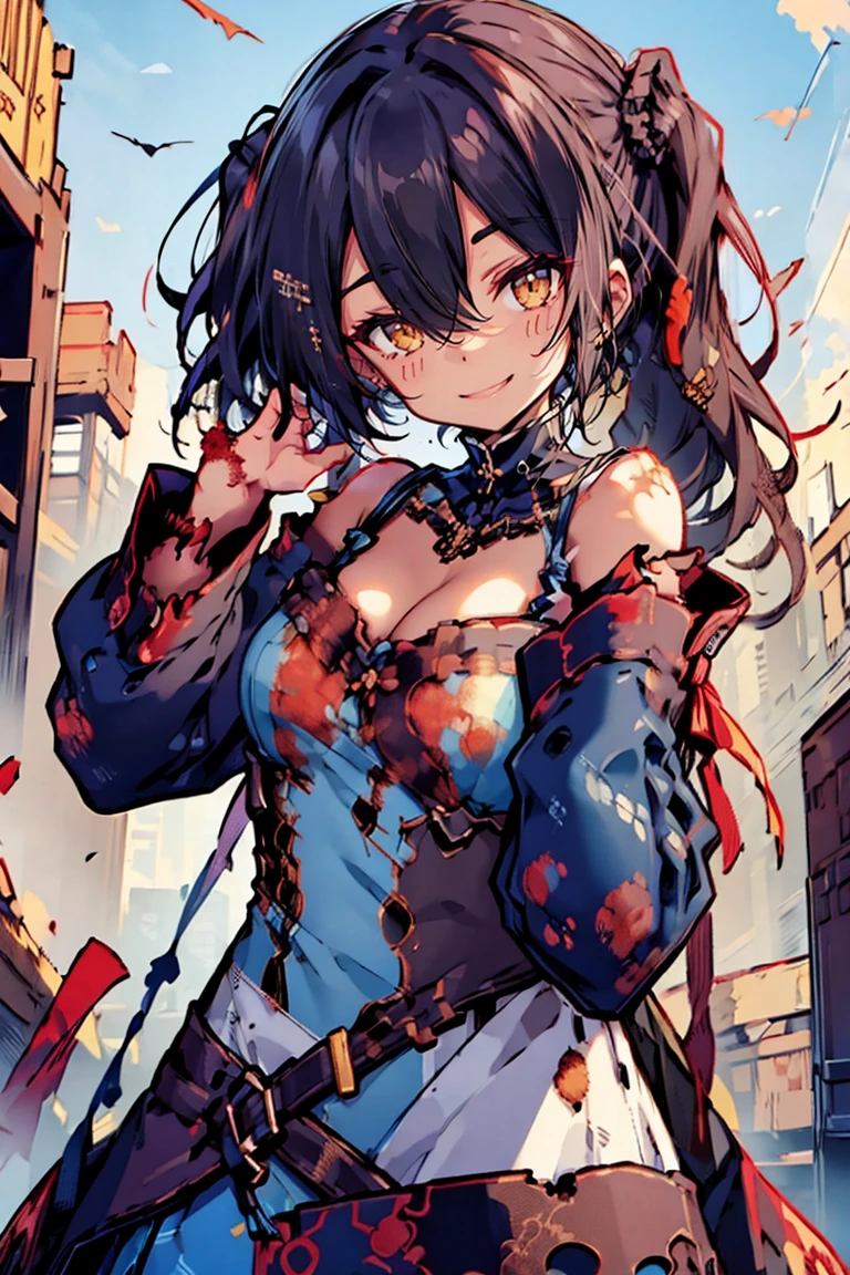 (masterpiece:1.2), (high quality:1.2), (hui xiyi:0.7), rekkyo sensen, rekkyou sensen, girls with((black hair, (tits cleavage:1.15), (breasts close up:1.15), (suspenders:1.2), (dress:0.65), (blue clothes, (belts:0.7), (frills shirt, combination of camisole and white knit sweater:1.2), exposed breasts, straps, (cross:1.05), upper body, (long wavy hair, one side up:1.2), long sleeves, (tattered dress:1.55), (waving is hands, hands up, perfect hands, five fingers:1.05))), background with((fantasy world, ruin, castle, beautiful sky, shining sky, sunshine))