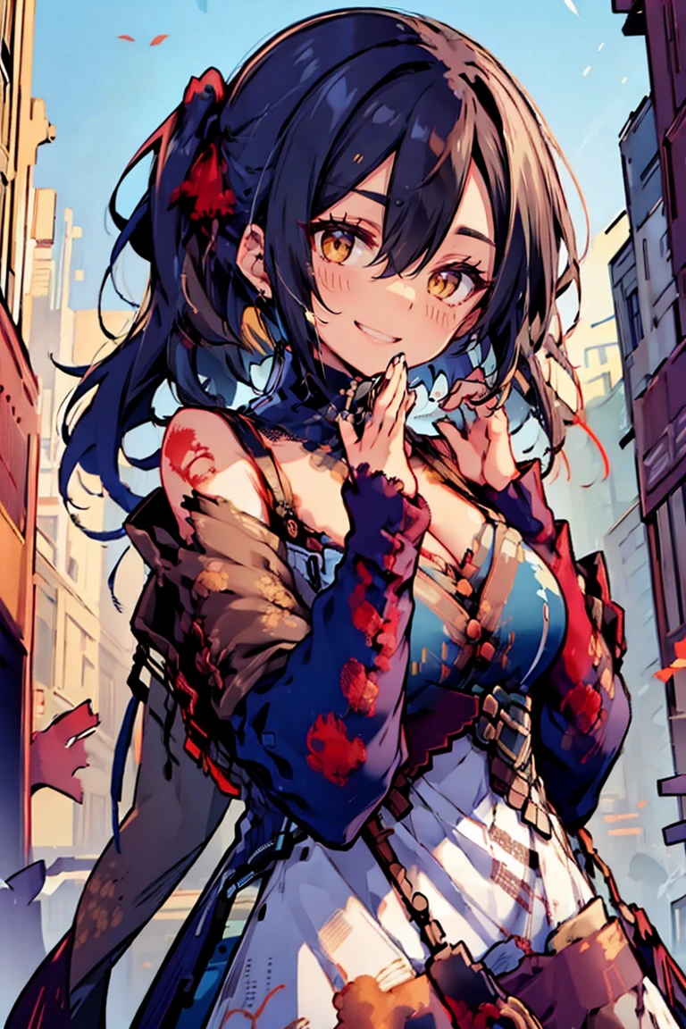 (masterpiece:1.2), (high quality:1.2), (hui xiyi:0.7), rekkyo sensen, rekkyou sensen, girls with((black hair, (tits cleavage:1.15), (breasts close up:1.15), (suspenders:1.2), (dress:0.65), (blue clothes, (belts:0.7), (frills shirt, combination of camisole and white knit sweater:1.2), exposed breasts, straps, (cross:1.05), upper body, (long wavy hair, one side up:1.2), long sleeves, (tattered dress:1.55), (waving is hands, hands up, perfect hands, five fingers:1.05))), background with((fantasy world, ruin, castle, beautiful sky, shining sky, sunshine))