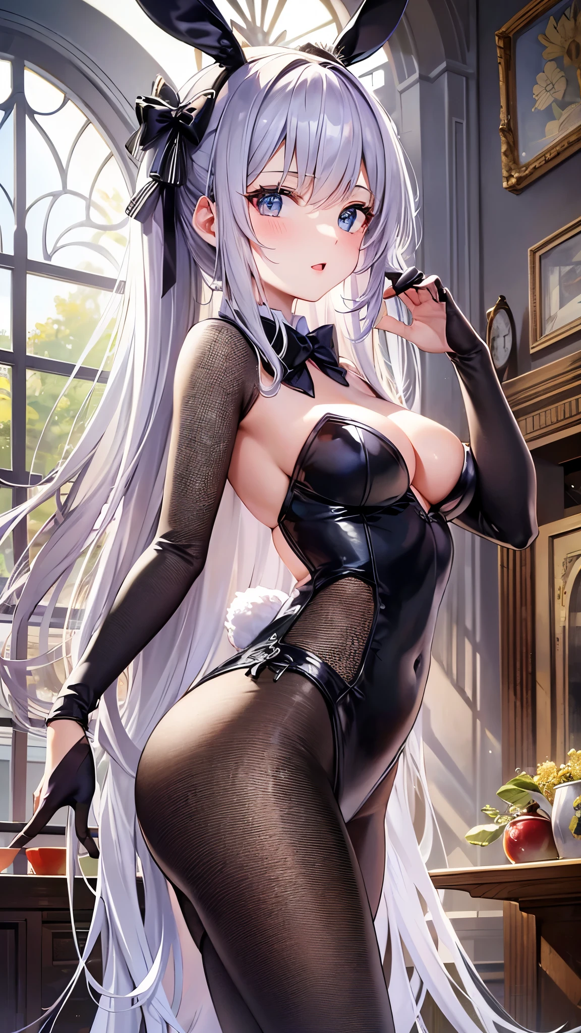((Highest quality)),(Ultra-high resolution),(Ultra-detailed),(Detailed depiction),((Best Photos)),(A masterpiece),Ultra-detailed art,The art of astonishing depiction, (One woman:1.5),Laughter,Bunny girl:1.5,Bunny ears,Fishnet tights,A bow tie,Rabbit's Tail, Side view