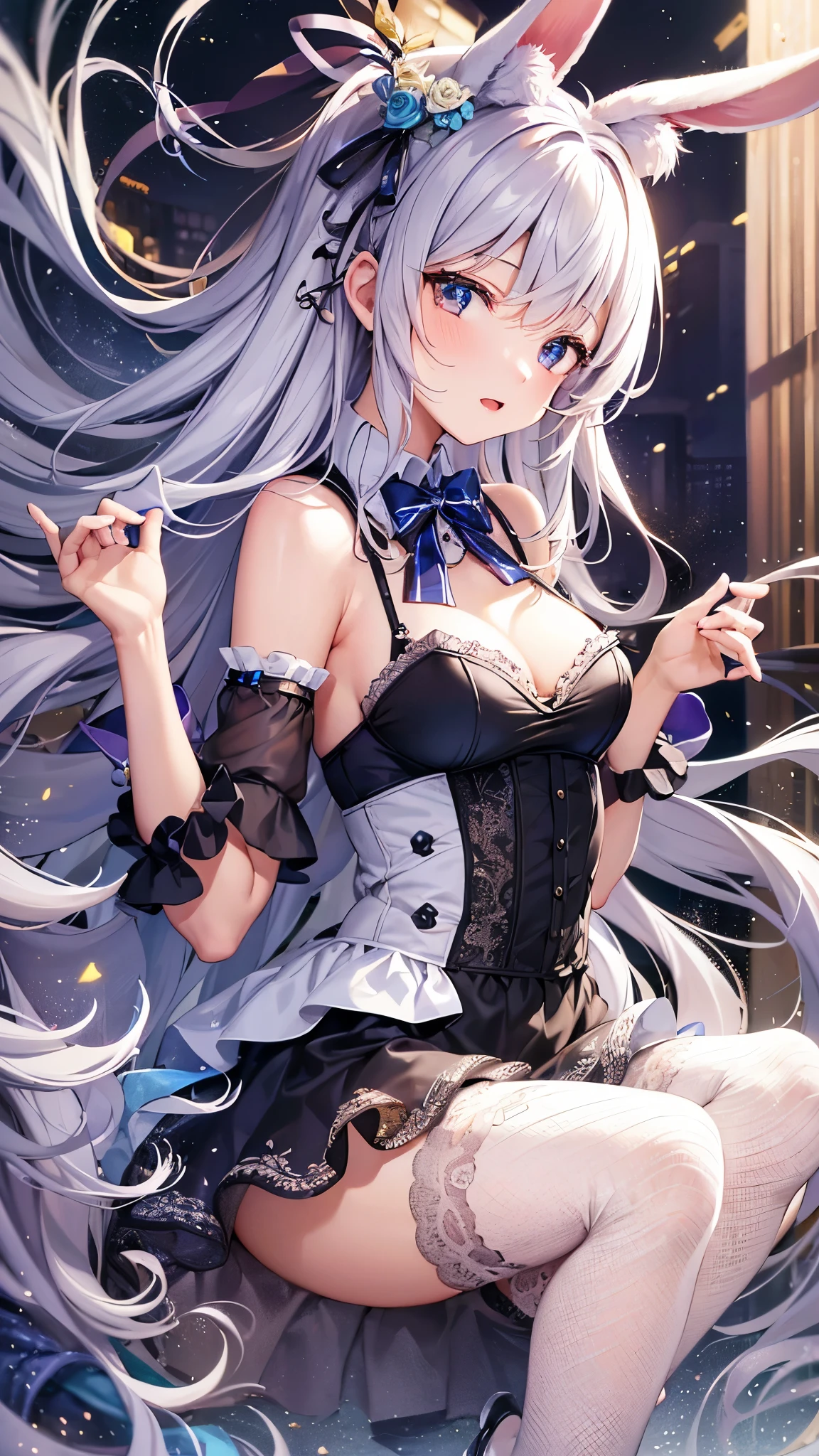 ((Highest quality)),(Ultra-high resolution),(Ultra-detailed),(Detailed depiction),((Best Photos)),(A masterpiece),Ultra-detailed art,The art of astonishing depiction, (One woman:1.5),Laughter,Bunny girl:1.5,Bunny ears,Fishnet tights,A bow tie,Rabbit&#39;s Tail, Side view