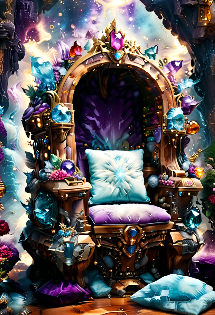 a picture of a massive epic throne, it has purple silk cushions, rubies, topaz, aquamarine gemstones artwork, the throne is epic in its majestic, power, and royalty, symmetric with many wood decorations and gem artwork, behind the throne there are stars and nebulas of space a sense of high royalty, nobility and magic , (masterpiece: 1.4) intense details, highly detailed, photorealistic, best quality, highres,16k, [ultra detailed], masterpiece, best quality, (extremely detailed), close up, ultra wide shot, photorealistic, RAW, fantasy art, dnd art, fantasy art, realistic art,((best quality)), ((masterpiece)), (detailed