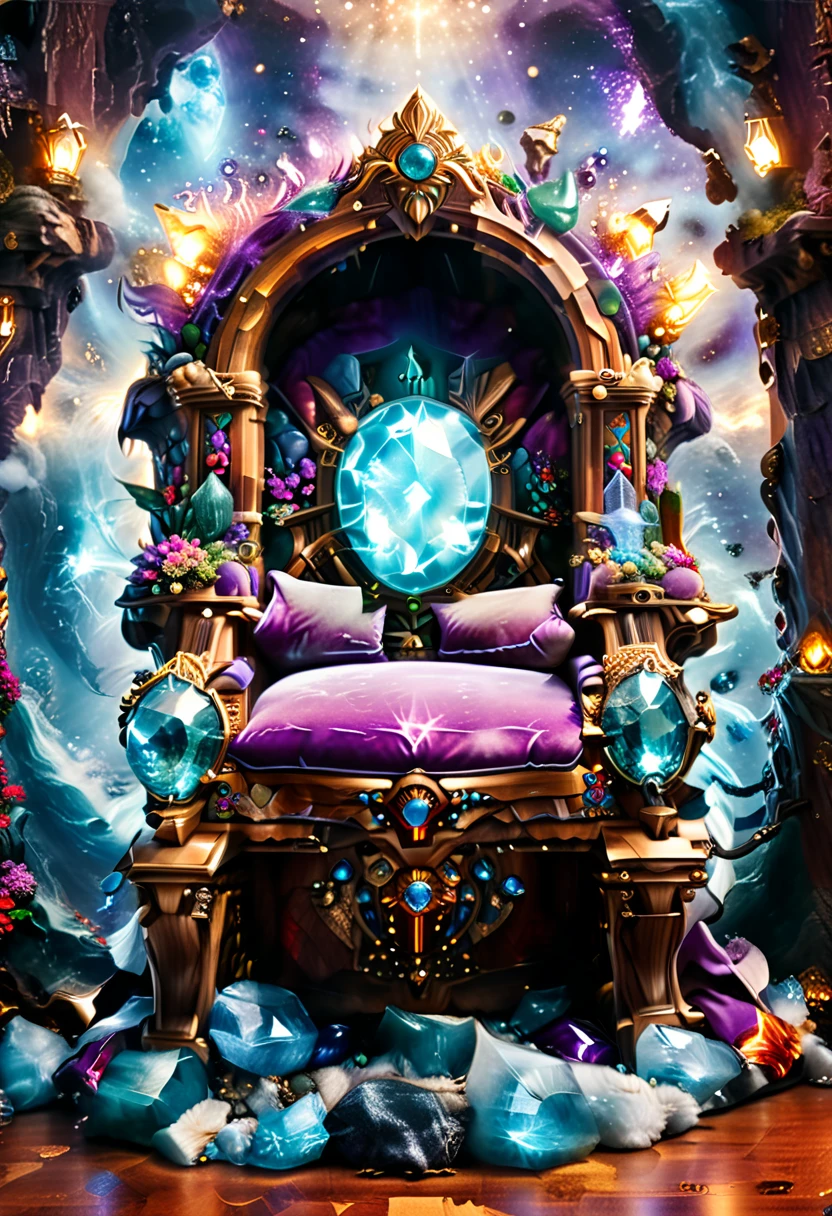 a picture of a massive epic throne, it has purple silk cushions, rubies, topaz, aquamarine gemstones artwork, the throne is epic in its majestic, power, and royalty, symmetric with many wood decorations and gem artwork, behind the throne there are stars and nebulas of space a sense of high royalty, nobility and magic , (masterpiece: 1.4) intense details, highly detailed, photorealistic, best quality, highres,16k, [ultra detailed], masterpiece, best quality, (extremely detailed), close up, ultra wide shot, photorealistic, RAW, fantasy art, dnd art, fantasy art, realistic art,((best quality)), ((masterpiece)), (detailed