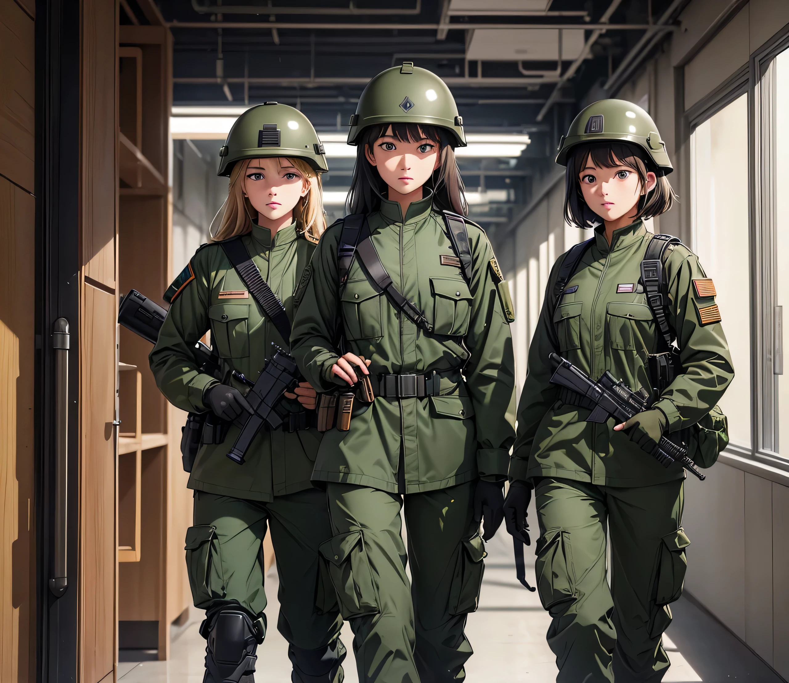 Three female soldiers in helmets、Gun in hand、Dark green M-51 jacket uniform、Military Pants、Magazine Pouch、Patrolling the corridors、Write details、masterpiece、best quality、Highly detailed CG、8K picture quality